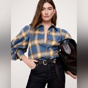 Banana Republic Flannel Volume-Sleeve Shirt Yellow Plaid